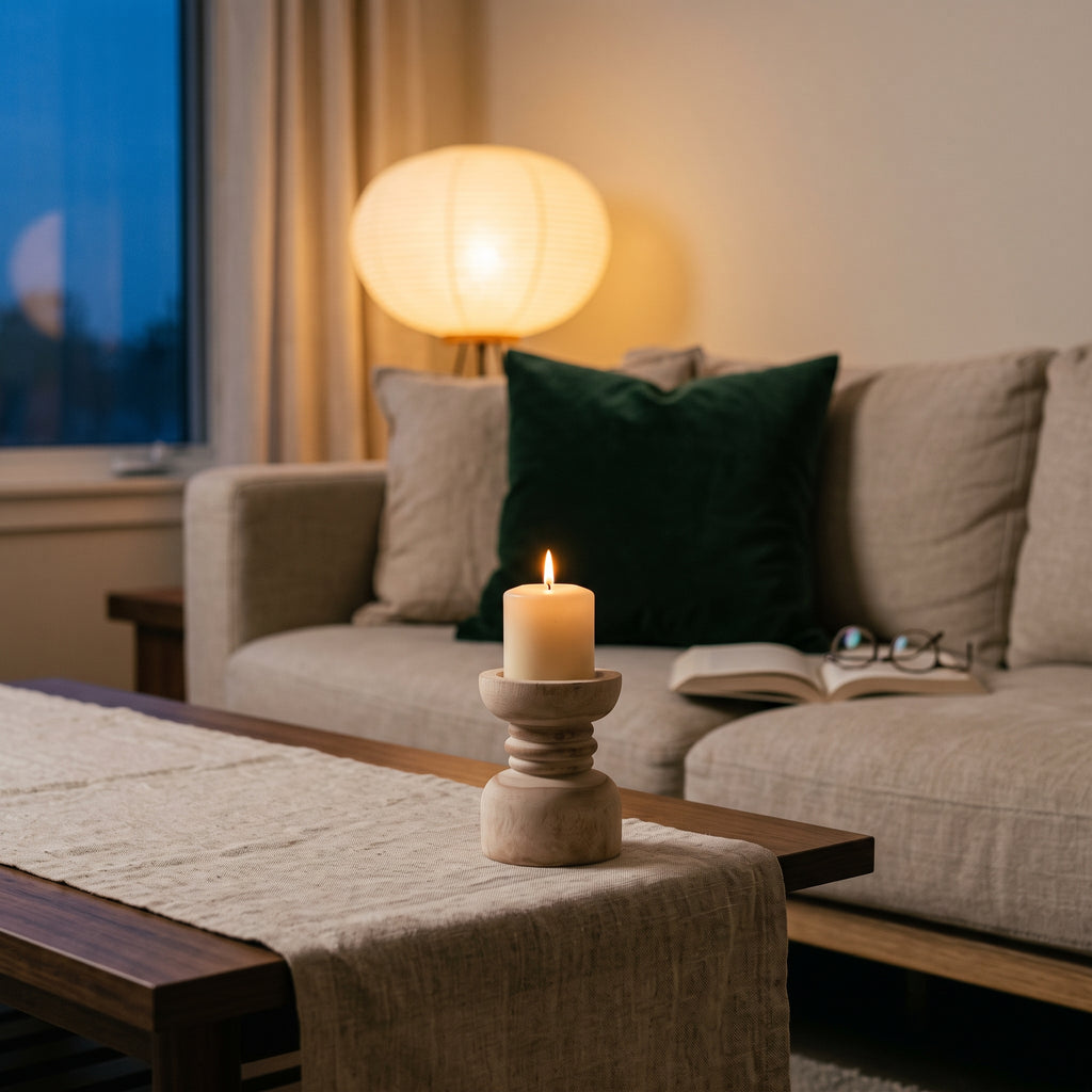 Wooden candle holder with lit candle in cozy living room at dusk