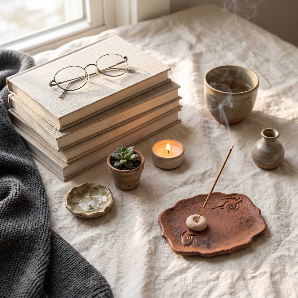 Handmade Ceramic Incense Holder Tray with Incense Bead – Wabi-Sabi Incense Burner for Meditation & Tea Ritual