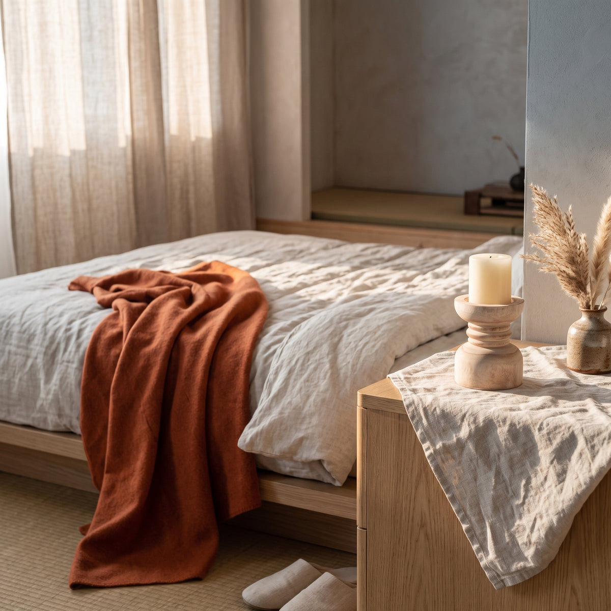 Wooden candle holder on nightstand in peaceful bedroom morning light