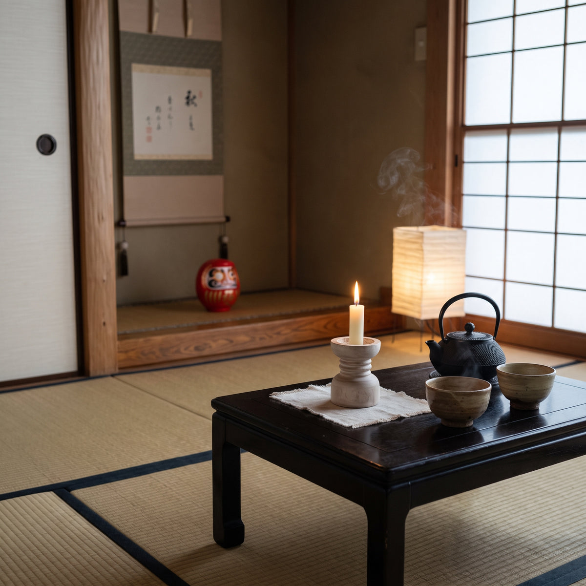 Wooden candle holder with lit candle in traditional Japanese tea room